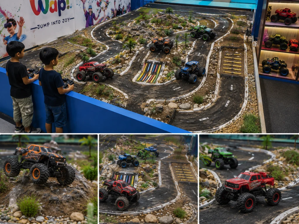 Kids racing RC cars on the RC car track at Wupi Gurgaon